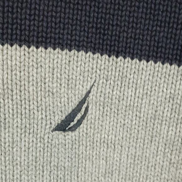 Nautica Mens Sweater XL Blue Wide Gray Stripe 1/4 Zip Long Sleeve Heavy Sweater - Picture 6 of 13